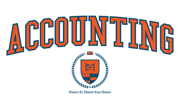 The Accounting Crest in orange outlined blue - The word Accounting runs above a shield depicting an abacus with a grid beneath it. The grid is representative of spreadsheet cells surrounded but laurels with a book at the top. A latin motto runs beneath the crest stating Numeri Ex Numeri Cum Numeri.