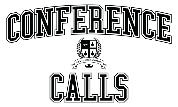 The Conference Calls Crest - The word Conference arcs above a shield. The shield is broken into 4 quadrants. The upper left quadrant has a trumpet with an X in front of it. The other quadrants have an icon of a persons head and shoulders. Laurels flank both sides of the shield and a banner runs beneath it with the latin word, Ex Praesentia, Absentia. A crown sits beneath the banner. Under everything is the word Calls. 