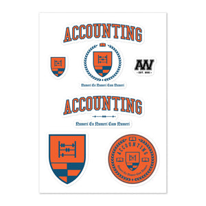 An assortment of stickers depicting the Accounting Crest, seal, shield in two sizes and the Accounting title with latin motto. All stickers are in orange and blue.