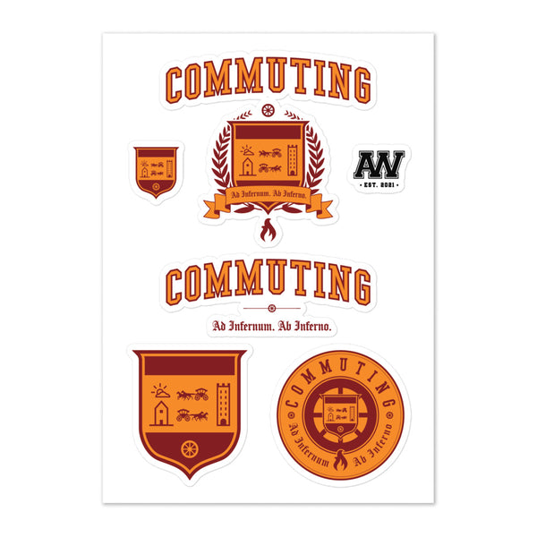 Sheet of various stickers including the Commuting crest, the seal, 2 shields (one big, one small), and the latin motto in orange and outline in red.
