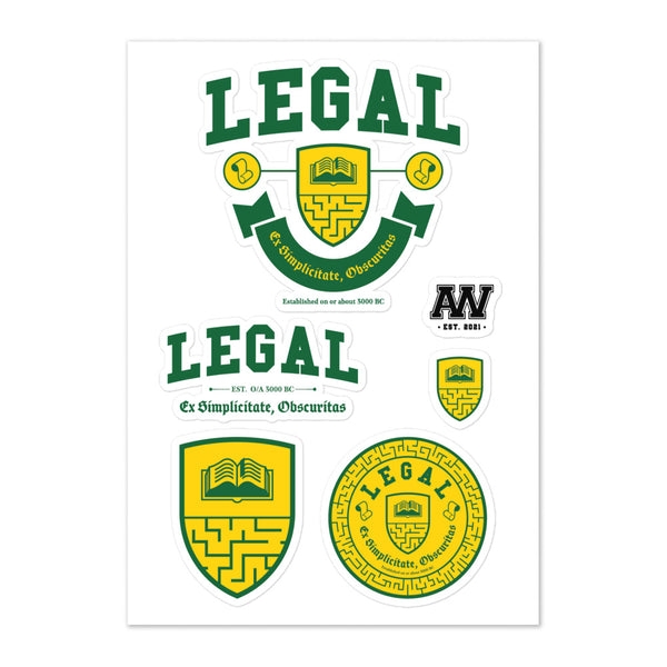 Various stickers depicting the Legal crest, seal, shield and motto. Stickers are in green and yellow.