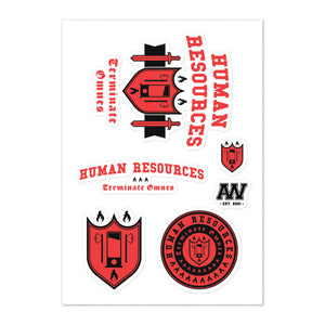 Various stickers including the Human Resources crest, seal, motto, and shield in black and red