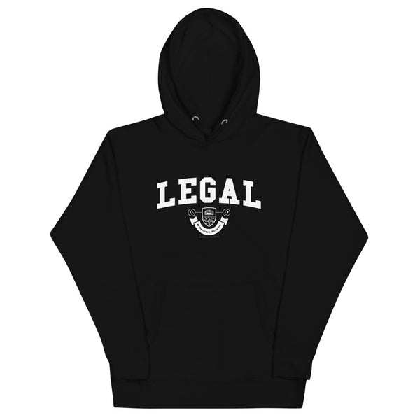A black hoodie with the Legal crest on it in white.