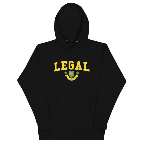 A black hoodie with the Legal Crest on it in yellow with green accents. 