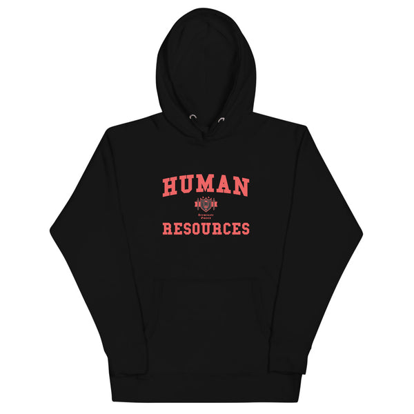 A black hoodie with the Human Resources crest. The text is in red and the shield has black accents.