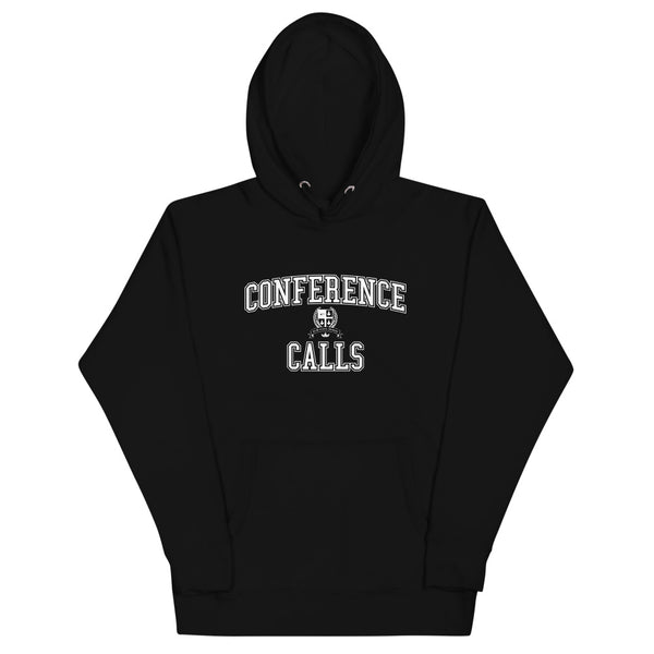A black hoodie with the Conference Calls crest in white