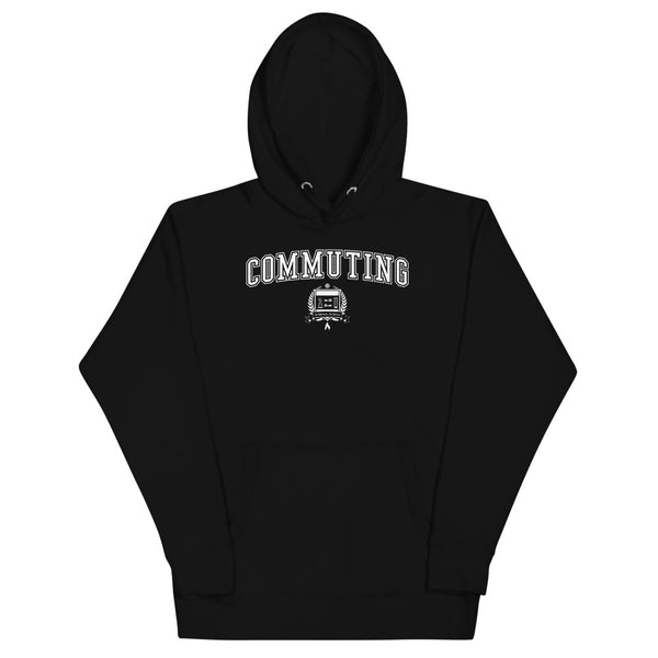 Black hoodie with the Commuting crest in white