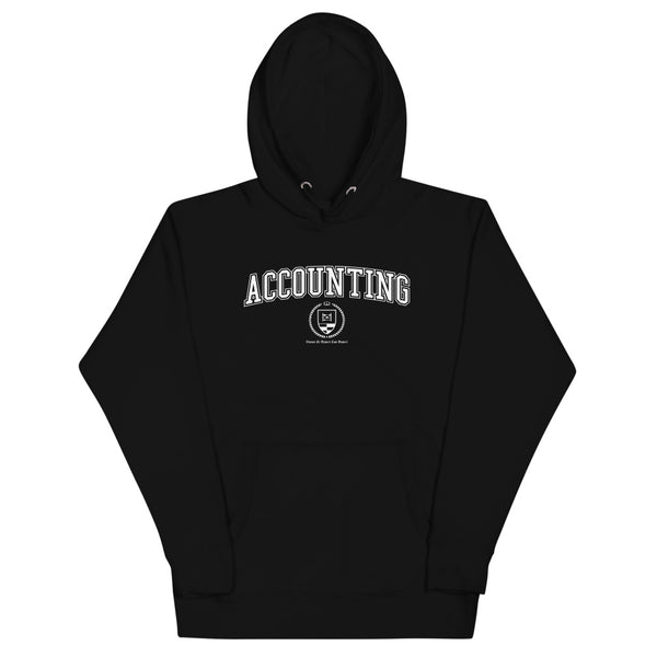 Black hoodie with the Accounting crest in white