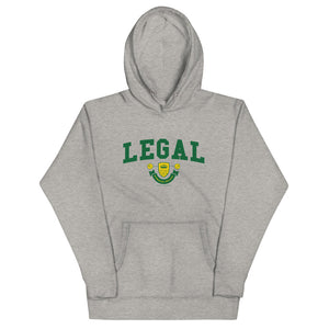 A light grey hoodie with the Legal Crest on it in green with yellow accents. 