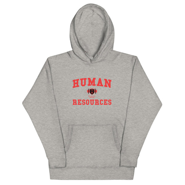 A light grey hoodie with the Human Resources crest. The text is in red and the shield has black accents.