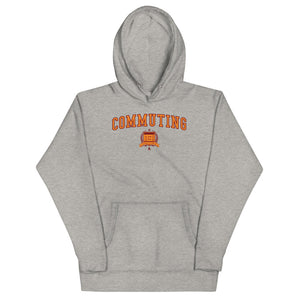 Grey hoodie with the Commuting crest in orange outlined in red