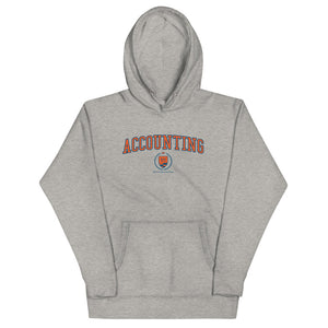 A light gray hoodie with the Accounting Crest on the front. The crest is orange and outlined in blue.