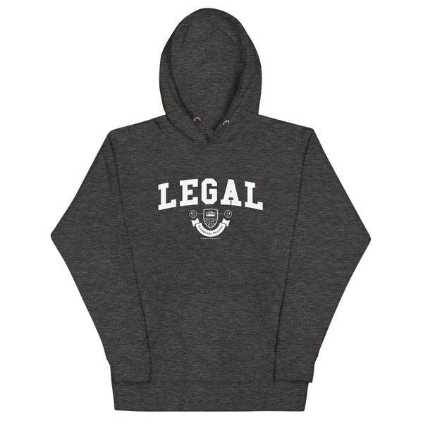 A dark grey hoodie with the Legal crest on it in white.