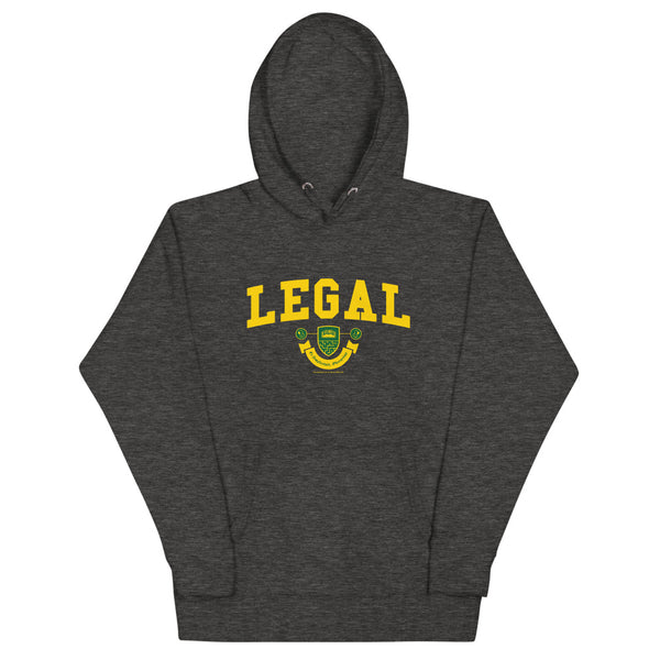 A dark grey hoodie with the Legal Crest on it in yellow with green accents. 
