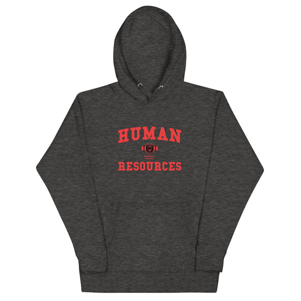 A dark grey hoodie with the Human Resources crest. The text is in red and the shield has black accents.