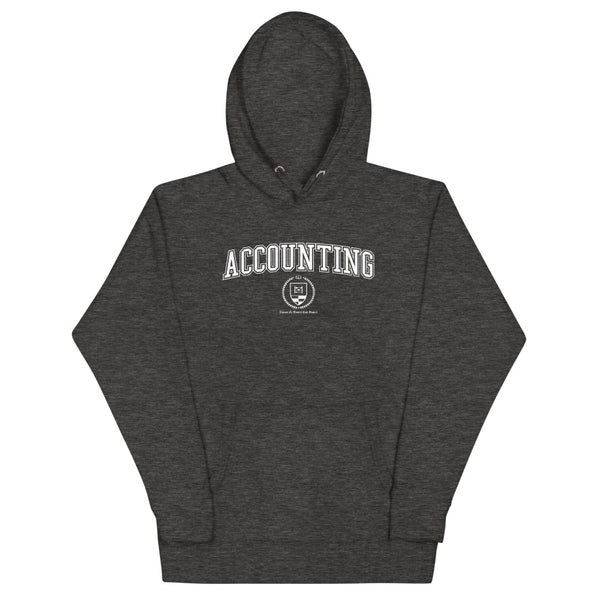 Charcoal grey hoodie with the Accounting crest in white
