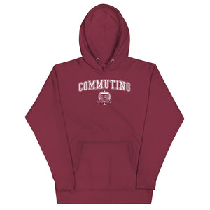 Maroon hoodie with the Commuting crest in white