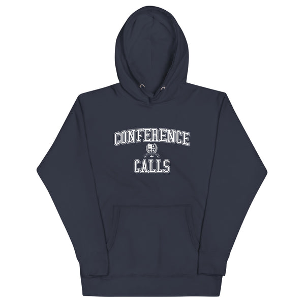 A navy blue hoodie with the Conference Calls crest in white
