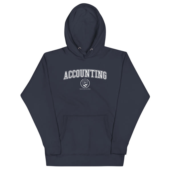 Navy blue hoodie with the Accounting crest in white