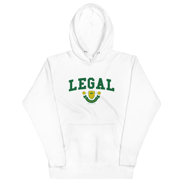 A white hoodie with the Legal Crest on it in green with yellow accents. 