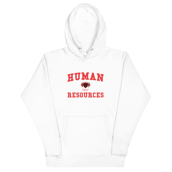 A white hoodie with the Human Resources crest. The text is in red and the shield has black accents.
