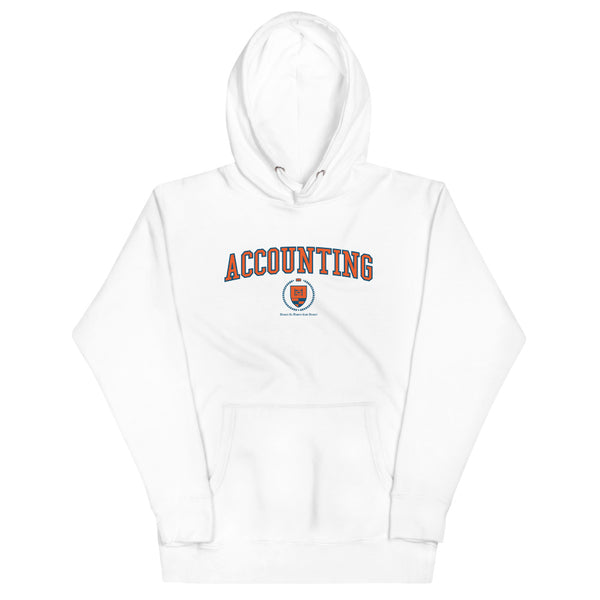 A white hoodie with the Accounting Crest on the front. The crest is orange and outlined in blue.