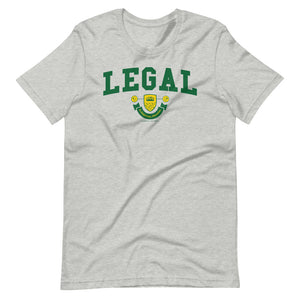 A light grey t-shirt with the Legal Crest on it in green with yellow accents. 