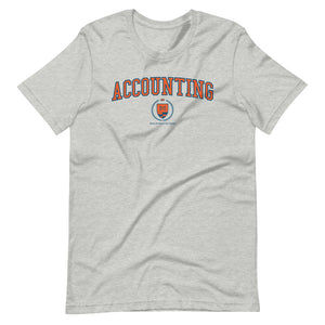 A light gray t-shirt with the Accounting Crest on the front. The crest is orange and outlined in blue.