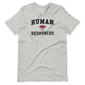 A light grey t-shirt with the Human Resources crest in black with red accents on the shield.