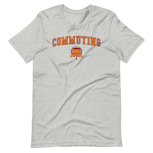 Grey t-shirt with the Commuting crest in orange outlined in red