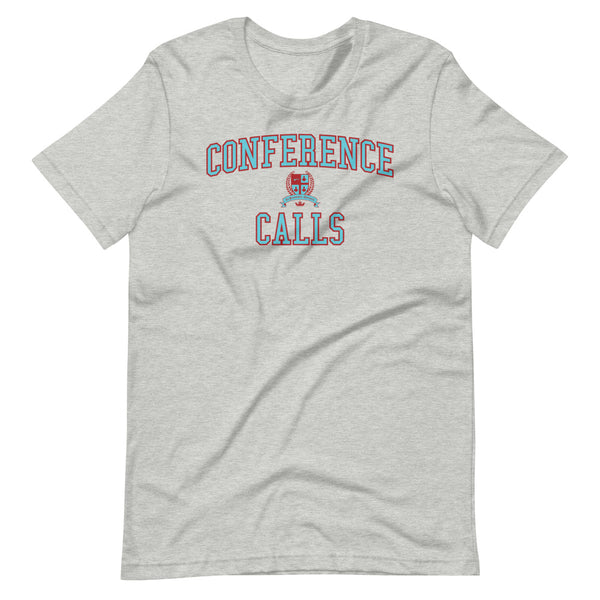 A light grey t-shirt with the Conference Calls crest in light blue outlined by dark red
