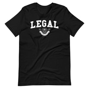 A black t-shirt with the Legal crest on it in white.