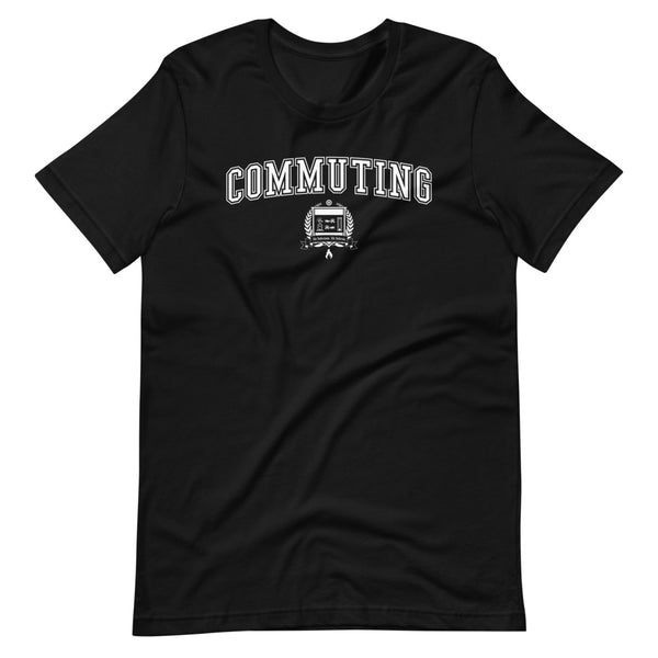 Black t-shirt with the Commuting crest in white