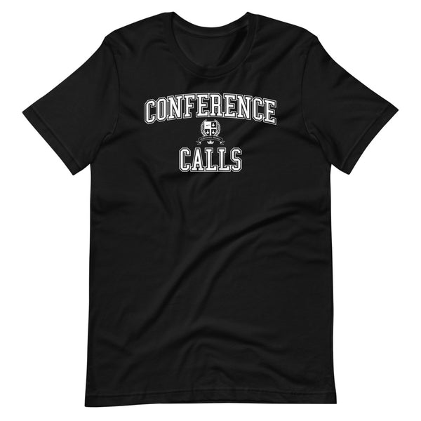 A black t-shirt with the Conference Calls crest in white