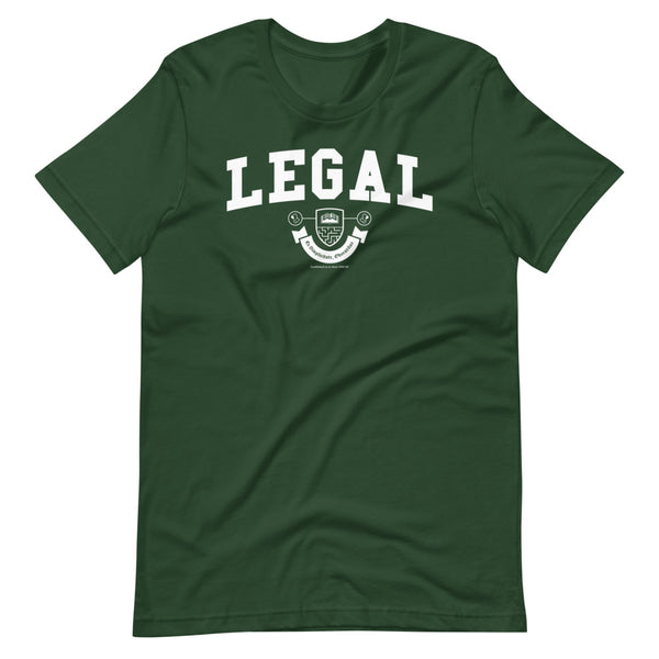 A dark green t-shirt with the Legal crest on it in white.
