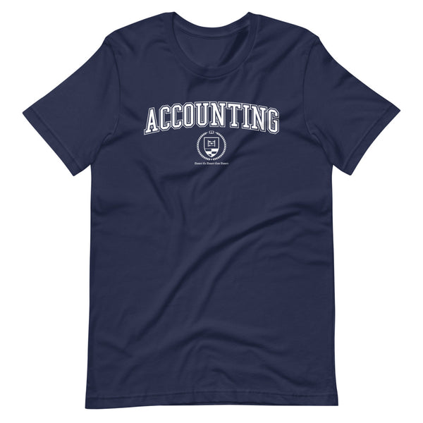 Navy blue t-shirt with the Accounting crest in white