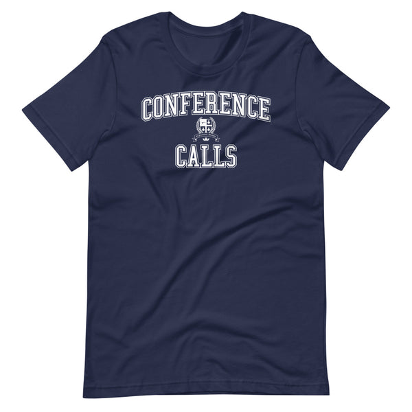 A navy blue t-shirt with the Conference Calls crest in white