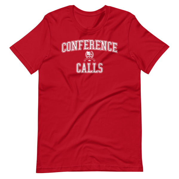 A red t-shirt with the Conference Calls crest in white