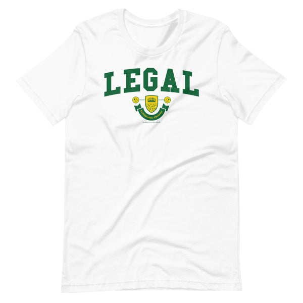 A white t-shirt with the Legal Crest on it in green with yellow accents. 