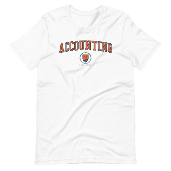 A white t-shirt with the Accounting Crest on the front. The crest is orange and outlined in blue.