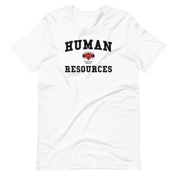 A white t-shirt with the Human Resources crest in black with red accents on the shield.