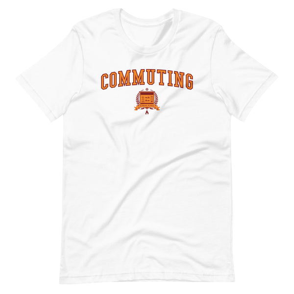 White t-shirt with the Commuting crest in orange outlined in red