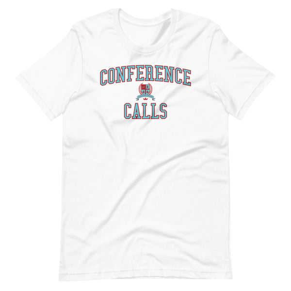 A white t-shirt with the Conference Calls crest in light blue outlined by dark red
