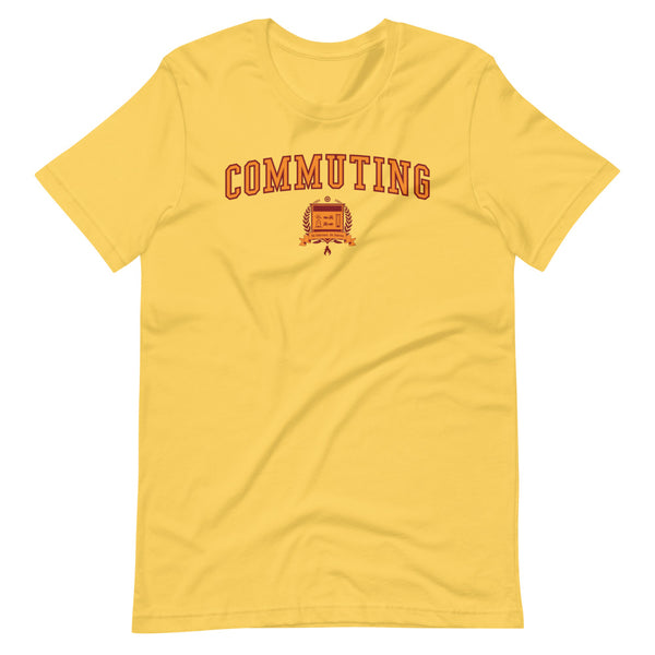 Yellow t-shirt with the Commuting crest in orange outlined in red