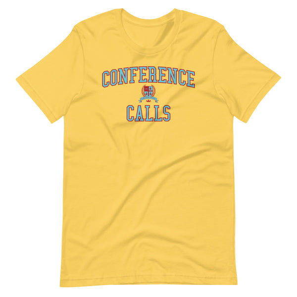 A yellow t-shirt with the Conference Calls crest in light blue outlined by dark red