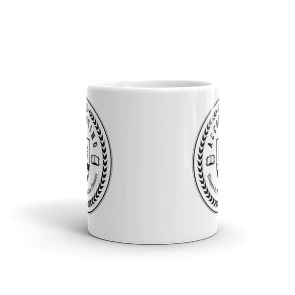 A front view of a white 11 ounce mug depicting that the Accounting Seal is on both sides of the mug