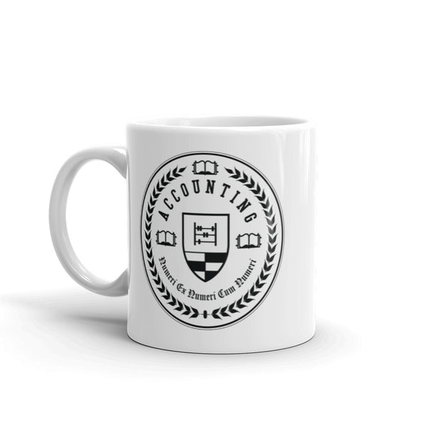 A white 11 ounce mug with the Accounting Seal on it.
