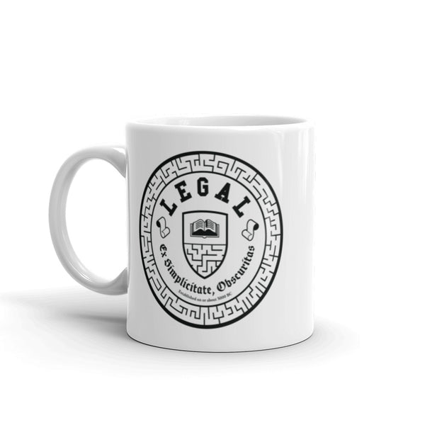 A white mug with the Legal seal on it in black. This seal is on both sides of the mug.