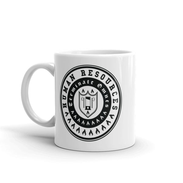 A white mug with the Human Resources seal in black. This seal is on both sides of the mug.