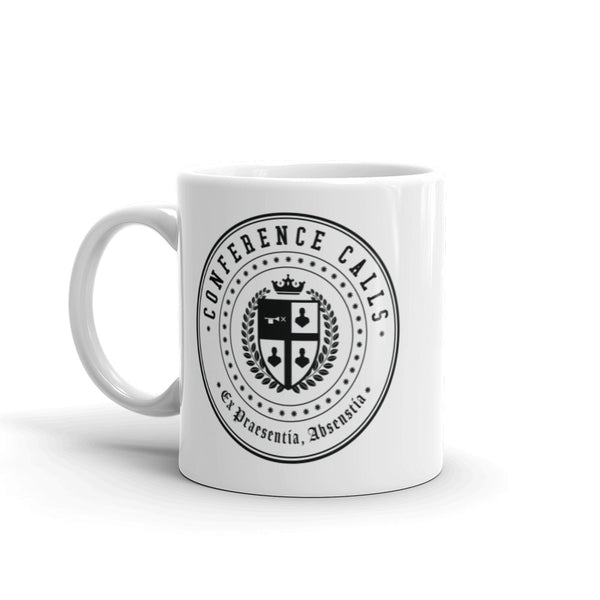 A white mug with the Conference Call seal emblazoned on it. This seal is on both sides of the mug and is in black